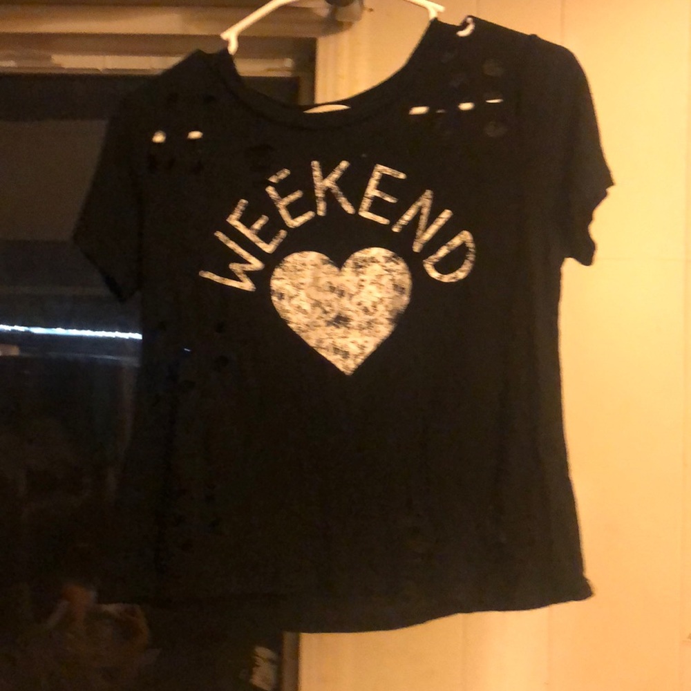 Black shirt with white lettering